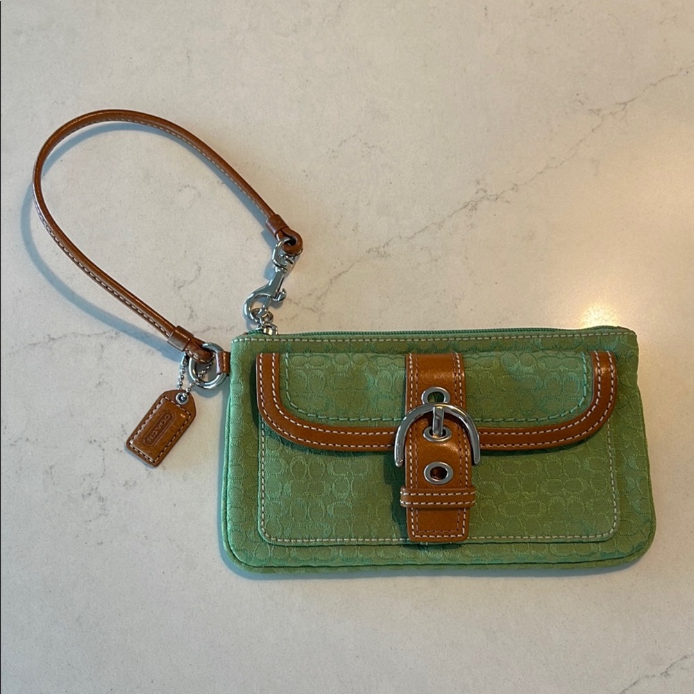 Coach Green and Tan Wristlet Clutch